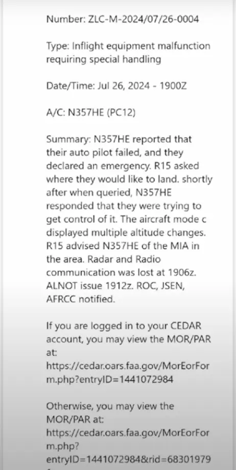 Informe inicial de control de tráfico aéreo del vuelo N357HE