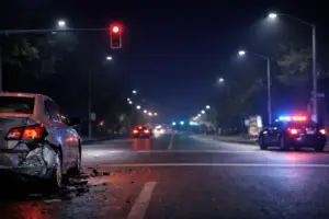 Damaged sedan at night intersection